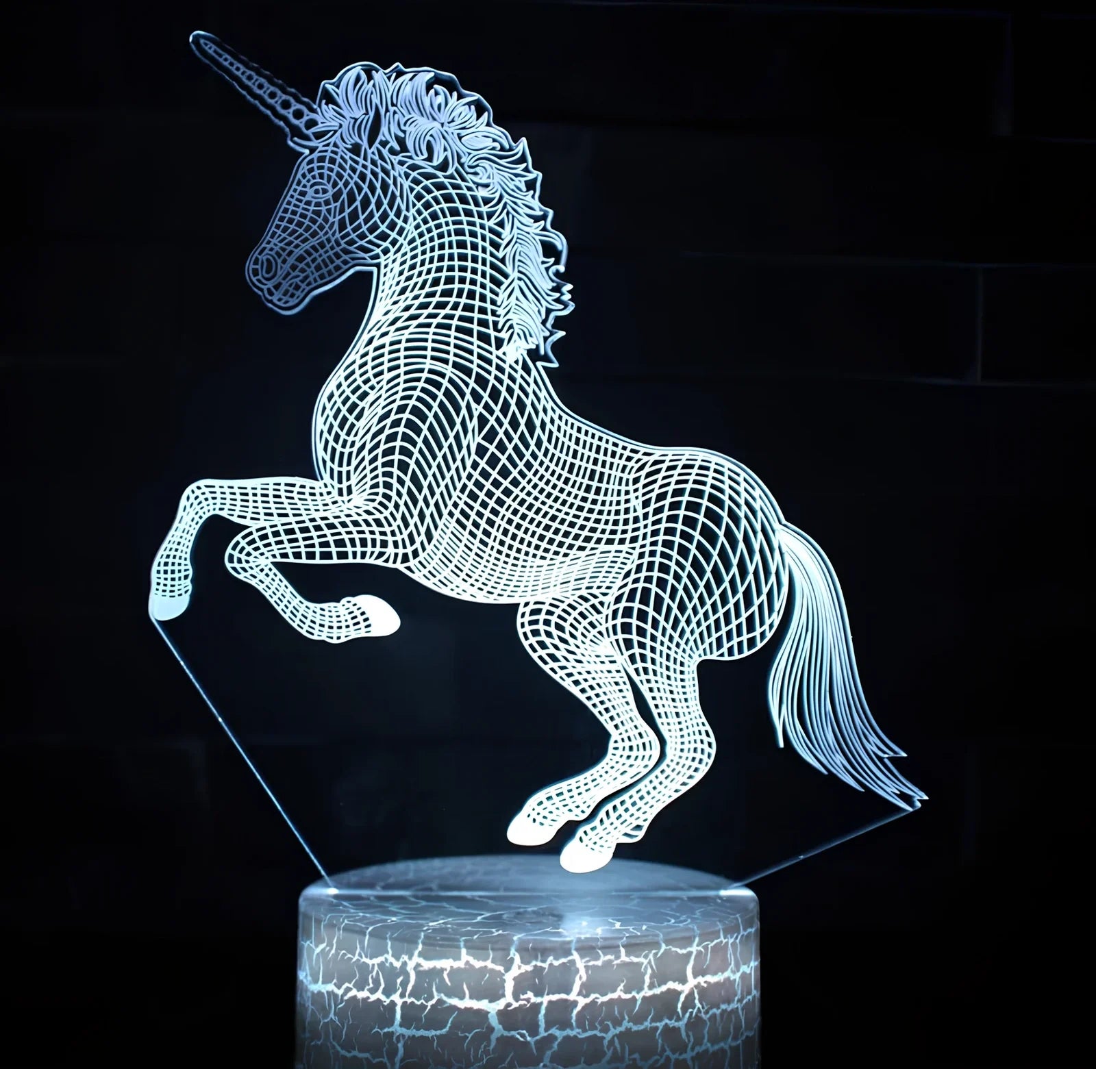 3D unicorn night light with LED illumination on 23cm black ABS base, showing touch controls and USB cable
