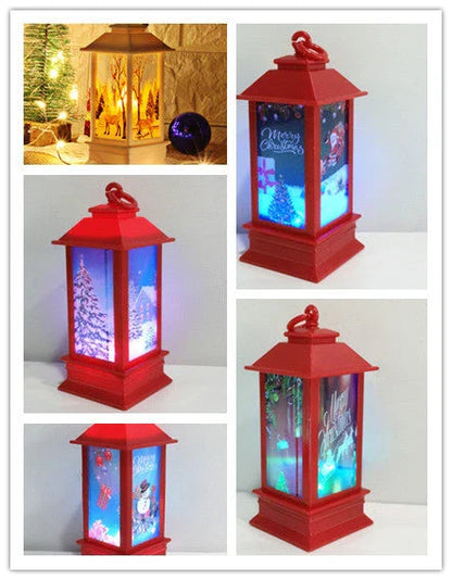 Festive LED Christmas lanterns with Santa Claus, snowman, and other holiday-themed designs