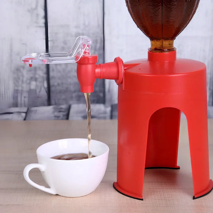 Red automatic beverage dispenser gadget measuring 15cm tall with universal bottle fitting