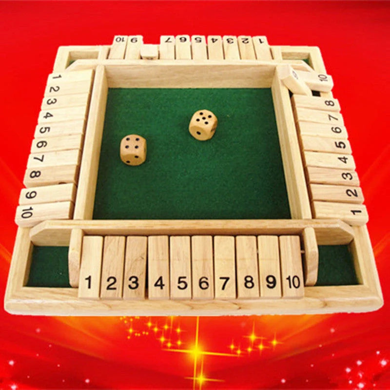 Deluxe four-sided Shut The Box wooden dice game with green flaps for group play
