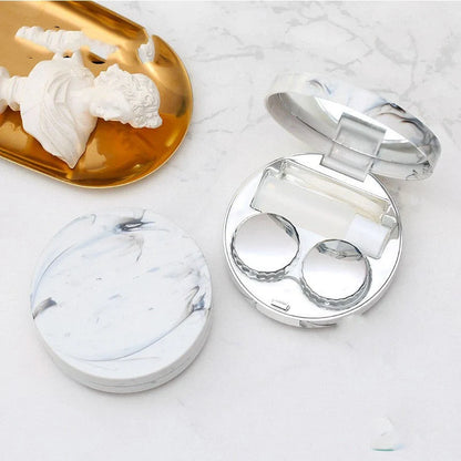 Square contact lenses case with marble surface and mirror, includes lens care accessories