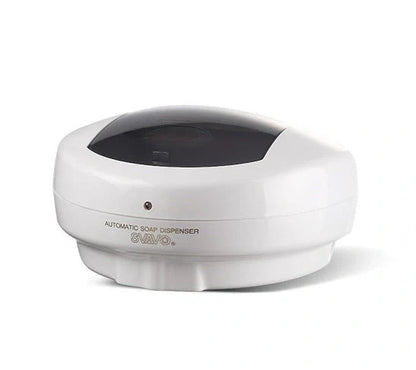 Wall-mounted automatic soap dispenser in white, featuring touch-free operation and durable ABS plastic construction