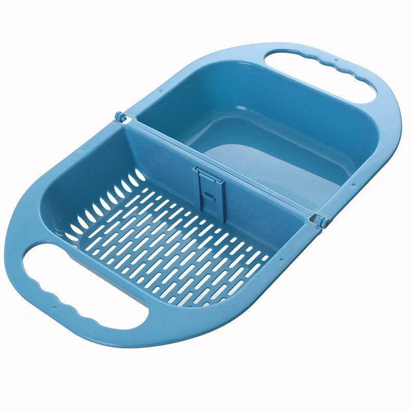 Folding drain basket for efficient fruit and vegetable cleaning with handle