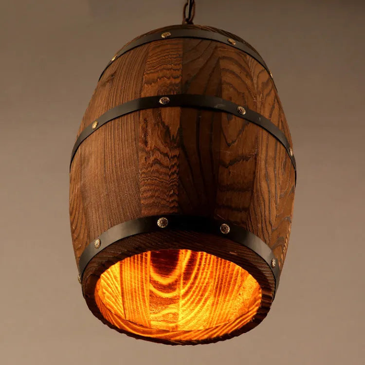 Wooden wine barrel chandelier with wood shade and light body, E27 LED fitting, adjustable 1.1m height, 33cm x 23cm x 33cm