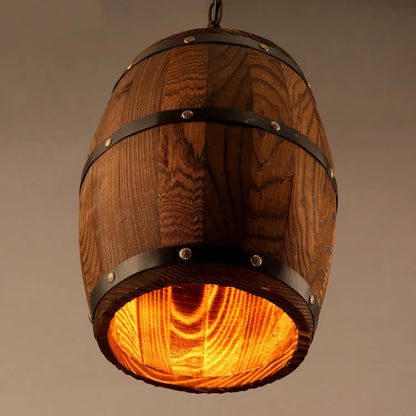 Wooden wine barrel chandelier with wood shade and light body, E27 LED fitting, adjustable 1.1m height, 33cm x 23cm x 33cm