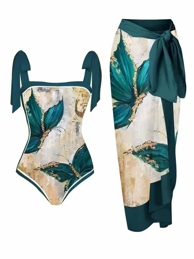 Women's floral printed two-piece swimsuit with chiffon hip skirt in multiple colour options