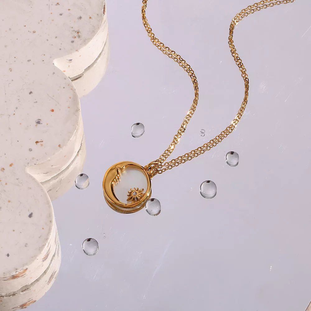 Gold shell moon and star pendant necklace with adjustable stainless steel chain