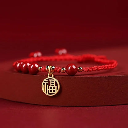 Cinnabar ethnic bracelet with braided rope strap and blessing charm for college entrance exams