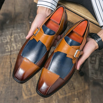 Men's brown blue and black retro buckle casual leather shoes in British style.