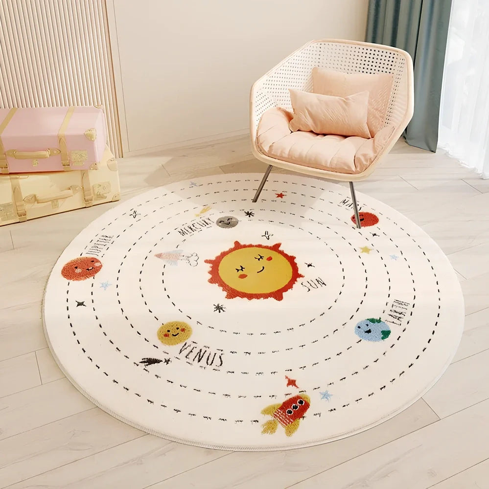 Circular children's polyester rug with animal character design, measuring 120cm diameter with soft pile surface