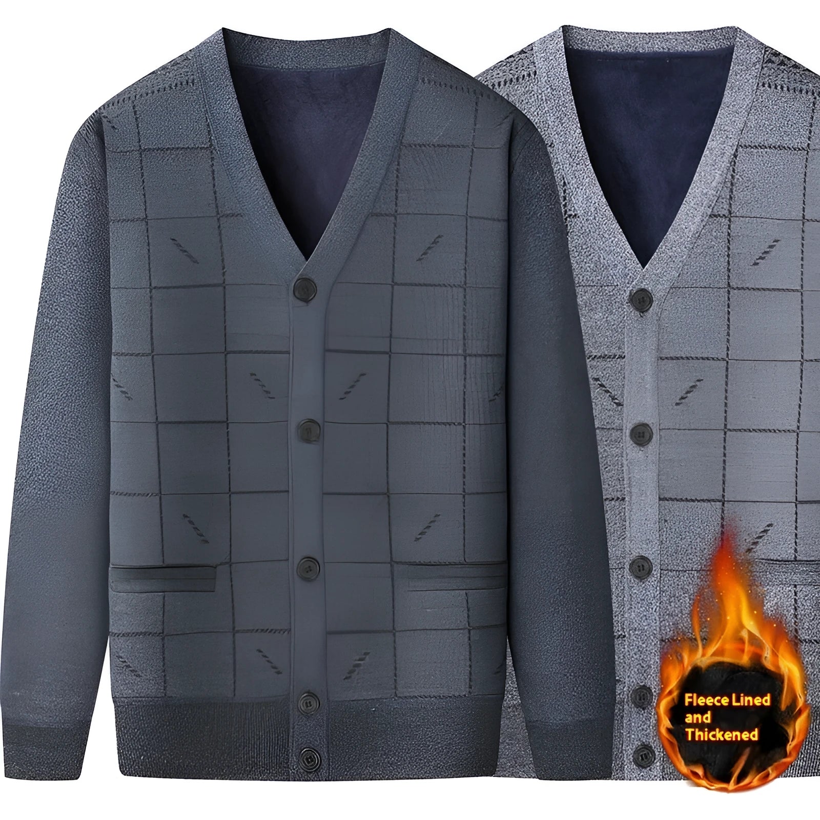 A plus size men's grey cardigan with batwing sleeves and a fleece lining, shown on a hanger.