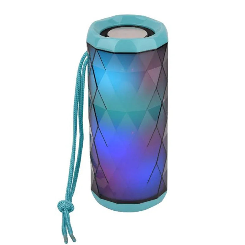 Portable Bluetooth speaker with dual 5W drivers, LED light, available in blue, green, grey and red.