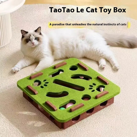 Green brown felt cat toy box measuring 30cm by 30cm by 7.5cm with a hole for scratching and play
