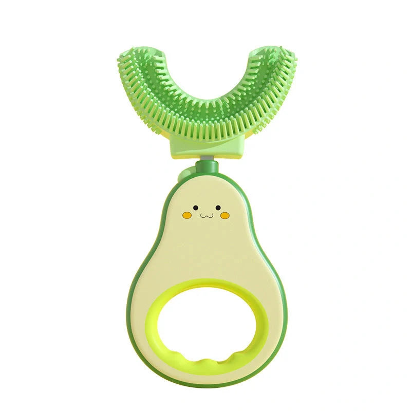 Creativity Baby Q Cute Teeth U-shaped Silicone Toothbrush in light yellow and sea foam green