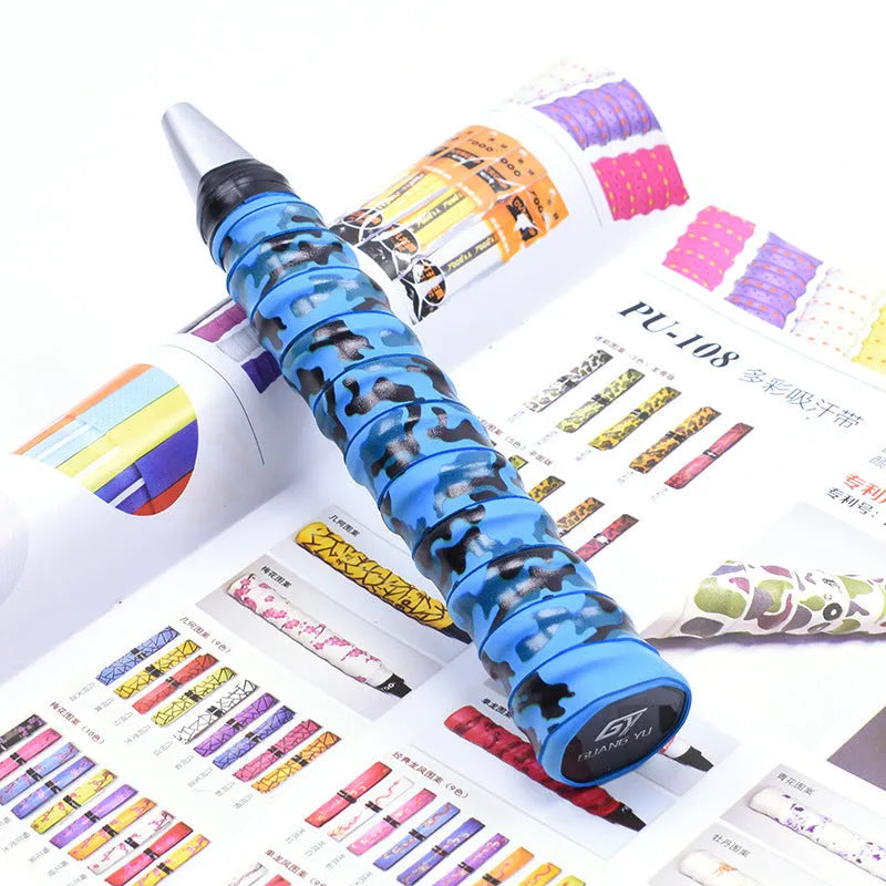 Roll of PU camouflage print grip tape for badminton racket, fishing rod and table tennis bat handles.