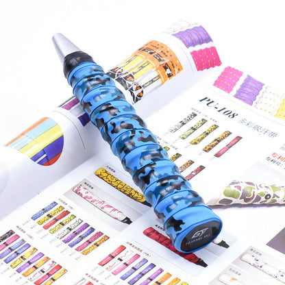 Roll of PU camouflage print grip tape for badminton racket, fishing rod and table tennis bat handles.