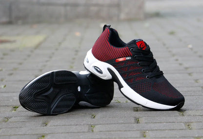 Men's breathable mesh casual shoes in blue, black, gray, and black red colors