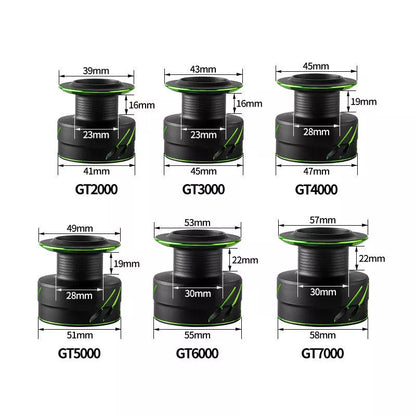 Full metal fishing reel in black with interchangeable handle for left or right hand use