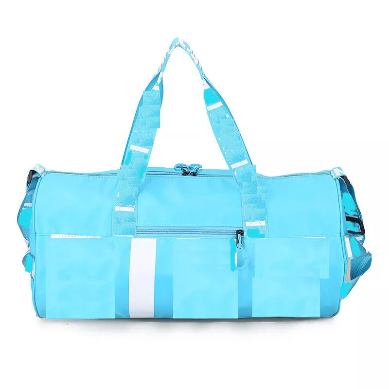 Large fitness bag with multiple compartments in blue, purple, pink, black, and grey