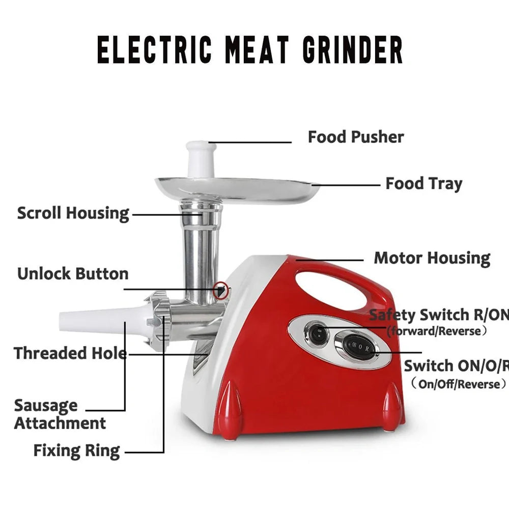Red electric meat grinder with 800W motor processing 800 grams per minute with food-grade aluminium construction