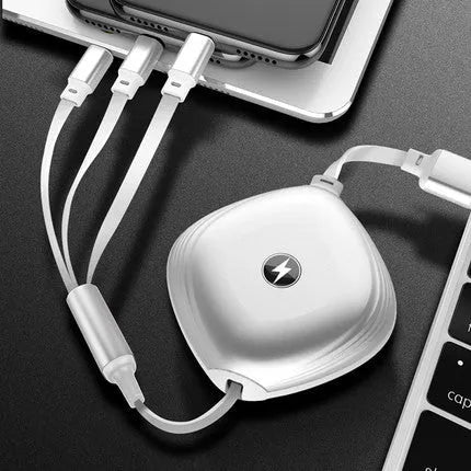 Black telescopic 3-in-1 charging cable extended to 120cm with three connector ends visible.