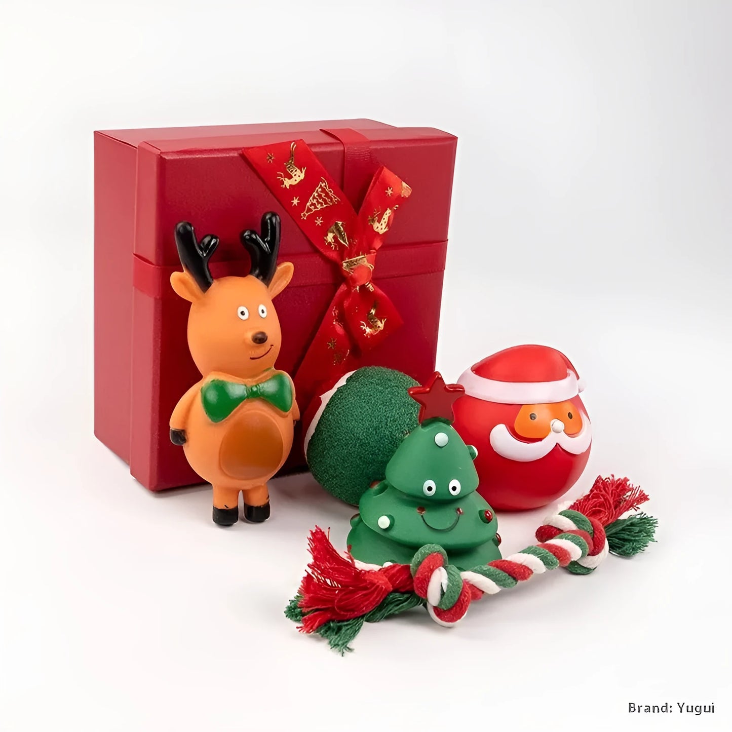Christmas vinyl dog chew toys set with Santa heads, trees, balls and bite ropes for medium to large dogs