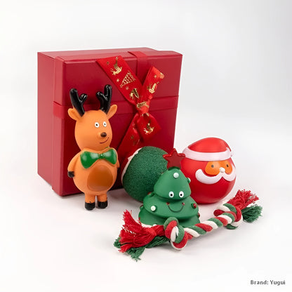Christmas vinyl dog chew toys set with Santa heads, trees, balls and bite ropes for medium to large dogs