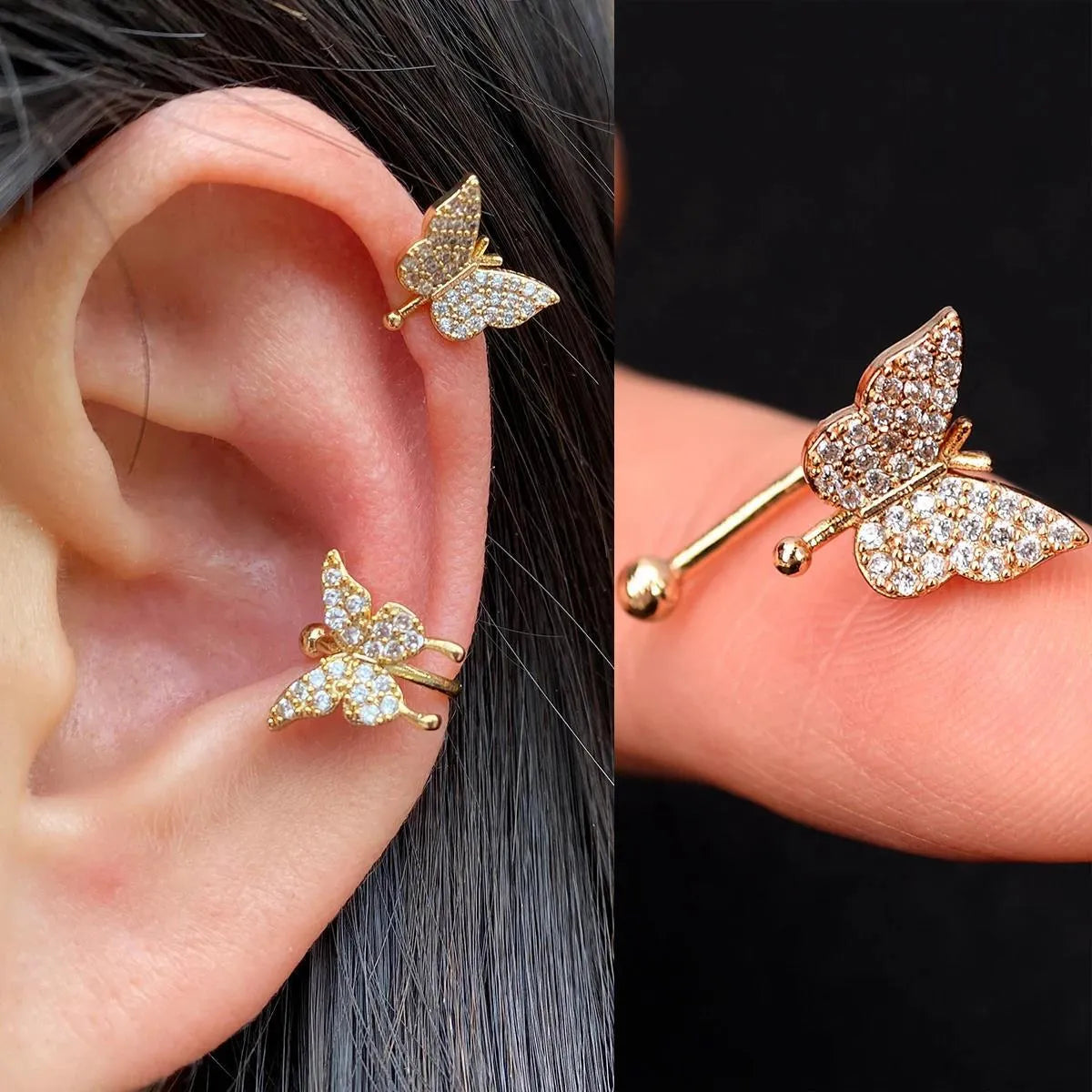 Butterfly flower inlaid zircon pierced earrings in gold or silver copper for women