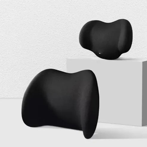 Black memory cotton car headrest cushion and matching lumbar support on a grey car seat.