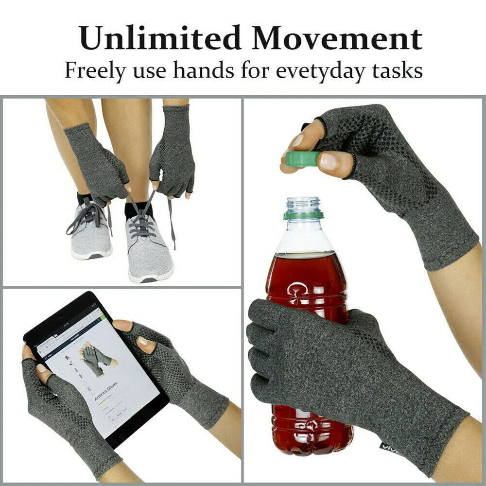 Grey half-finger joint compression gloves with silicone palm grips showing hand joint coverage