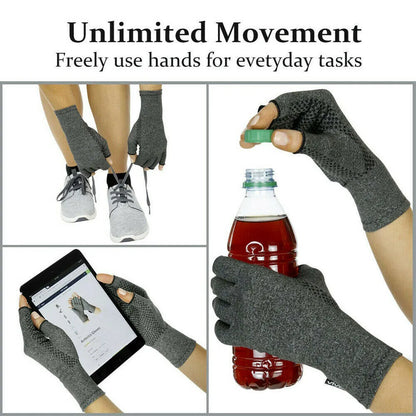 Grey half-finger joint compression gloves with silicone palm grips showing hand joint coverage