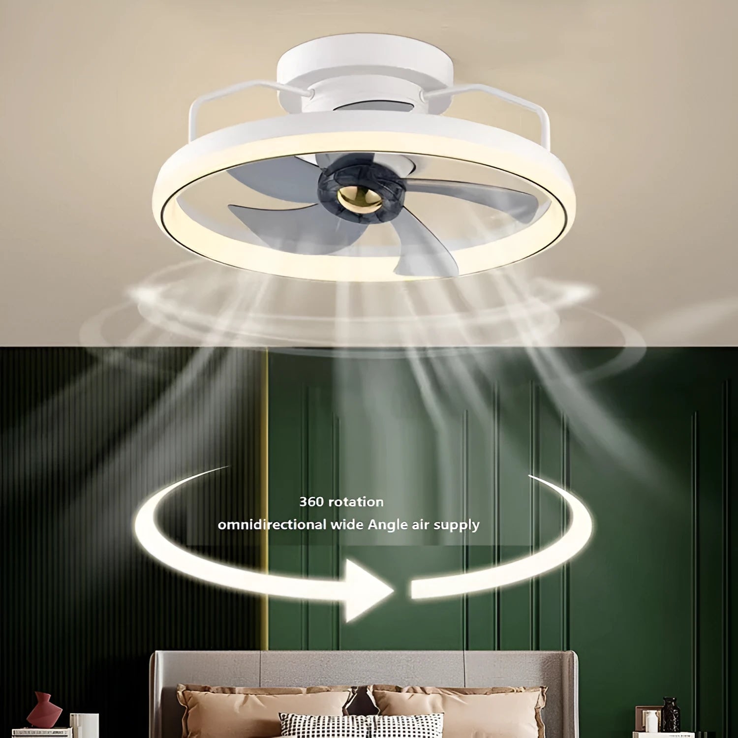 Simple Fashion modern ceiling fan with integrated light and white blades on a white ceiling.