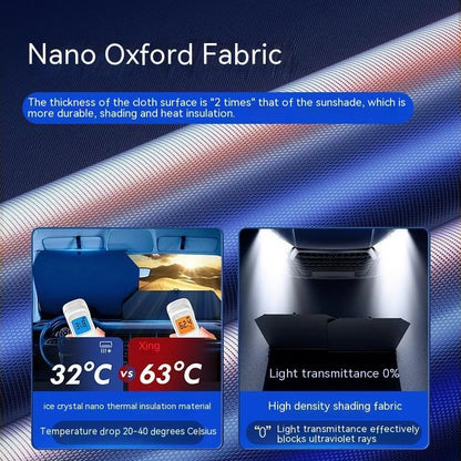 Automatic retractable car sunshade showing Oxford cloth material and retraction mechanism