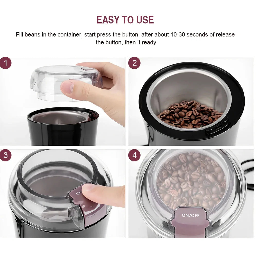Black mini grinder with stainless steel liner measuring 94mm×68mm×198mm for grinding coffee and spices