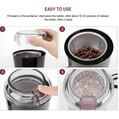 Black mini grinder with stainless steel liner measuring 94mm×68mm×198mm for grinding coffee and spices