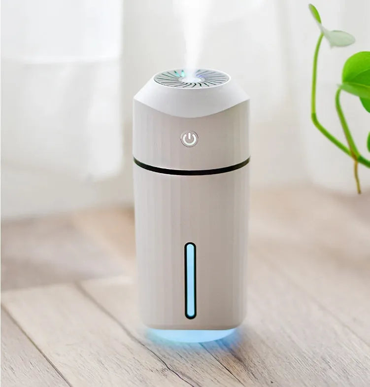 Mini car humidifier 320mL USB columnar 72x72x165mm in blue pink white with night light