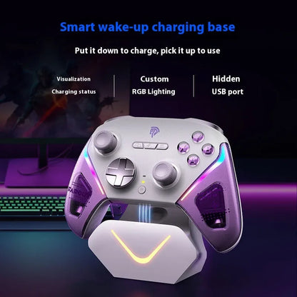 Black Rocker Smart Startstop Charging Base with wireless game controller docked, showing Type-C port.