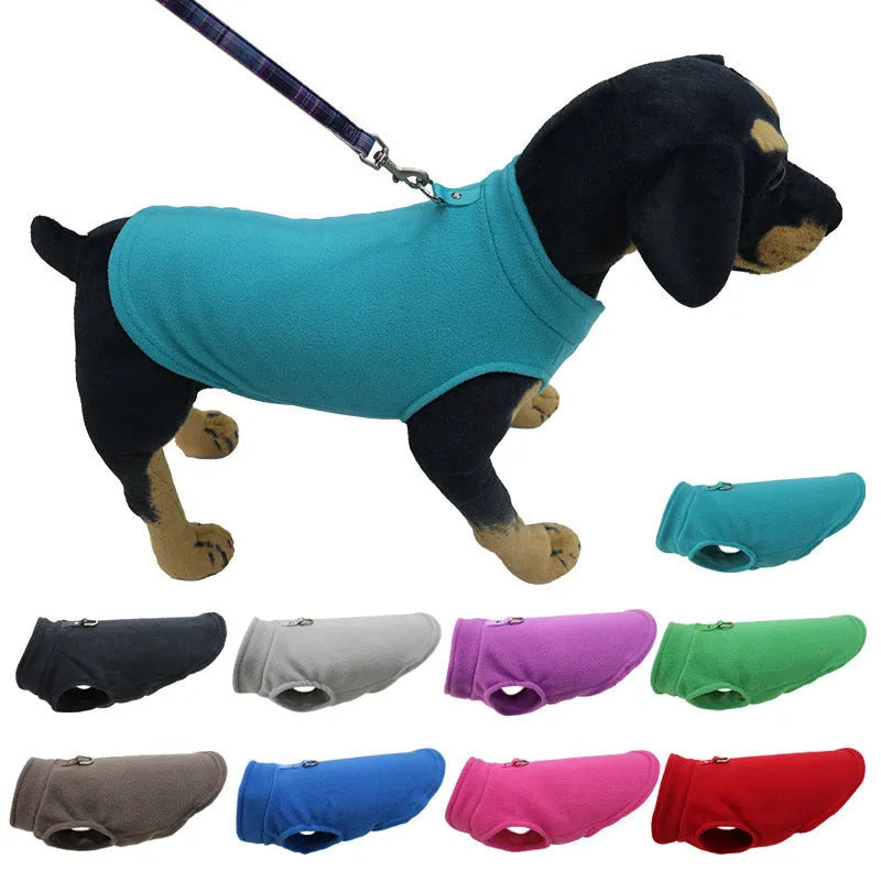 Polar fleece dog waistcoat in solid colour on small dog showing side-open design