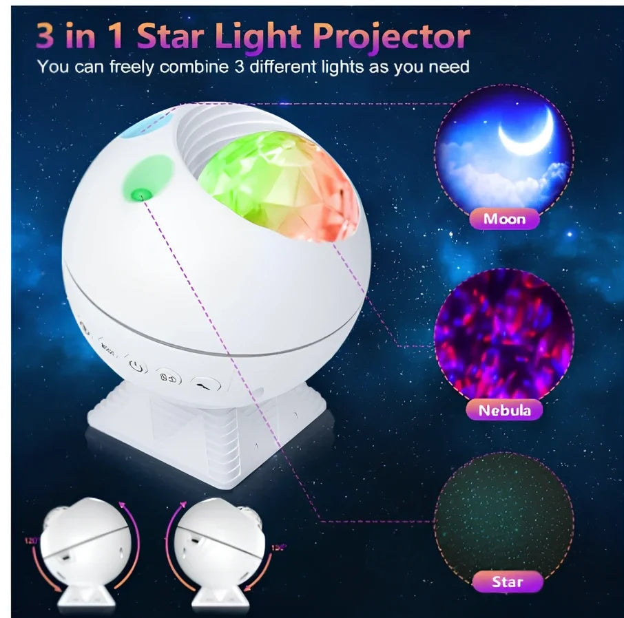 White spherical voice control LED star projection lamp with 9cm diameter and USB cable