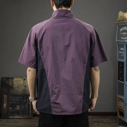 Men's brown half zip stand collar shirt with short sleeves and loose fit, made from Ice Silk fabric