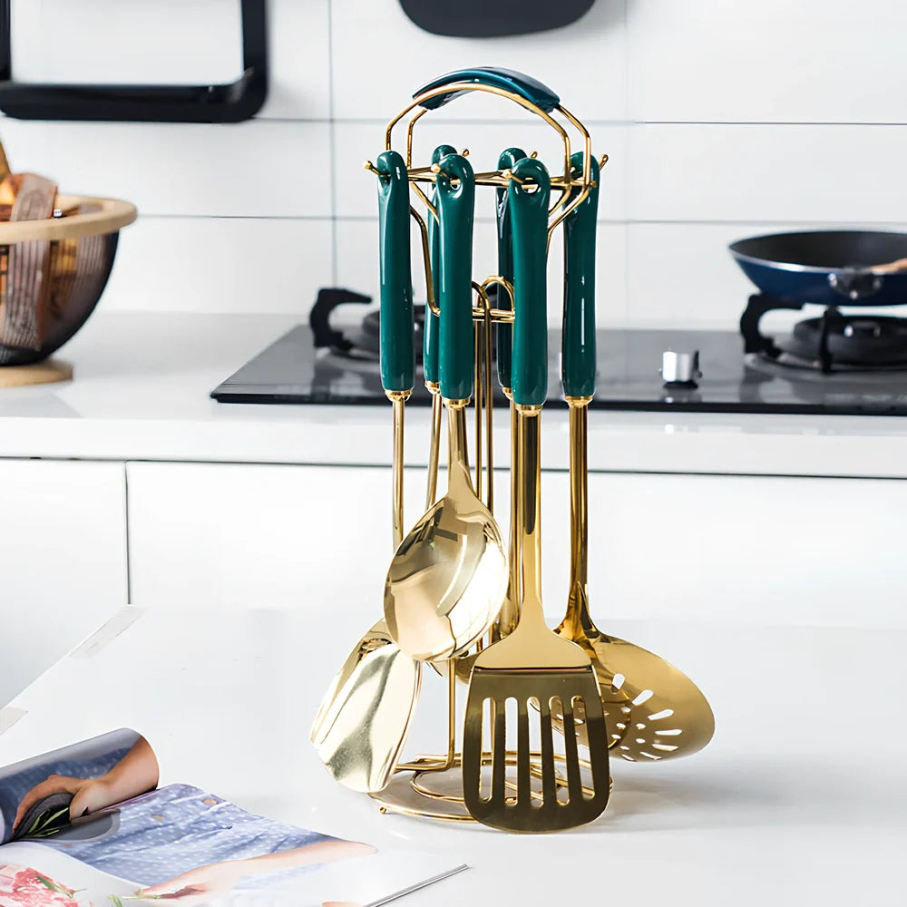 16-piece porcelain dinnerware set with stainless steel cutlery in blue and green options