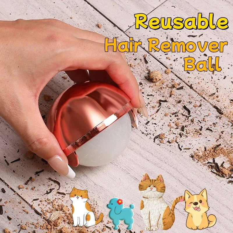 Premium reusable hair remover ball in liquid silver and rose gold colors, used to clean pet hair, lint, and dust from clothes and surfaces