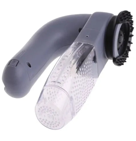 Grey portable pet hair vacuum cleaner with soft rubber head for grooming cats and dogs.