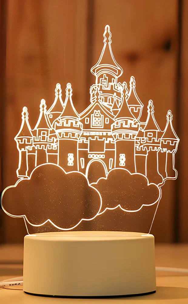 Creative USB bedside night light with acrylic castle scene, 20x17.5cm size, touch control for three light modes