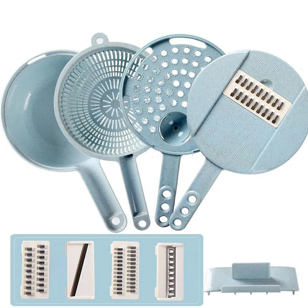 Blue 8-in-1 mandoline slicer set with stainless steel blades, hand guard and kitchen tools