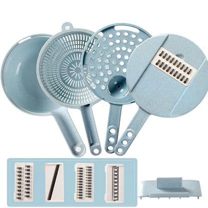 Blue 8-in-1 mandoline slicer set with stainless steel blades, hand guard and kitchen tools