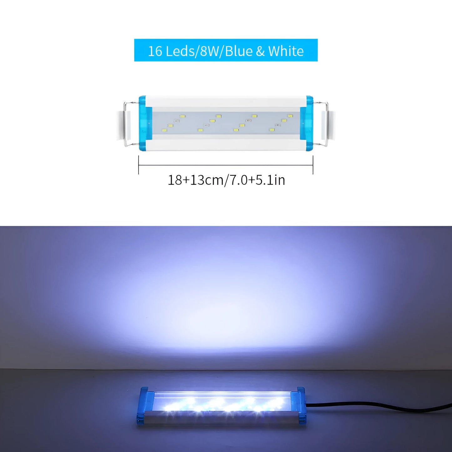 Ultra-thin blue and white LED aquarium light with multiple length options on PVC housing