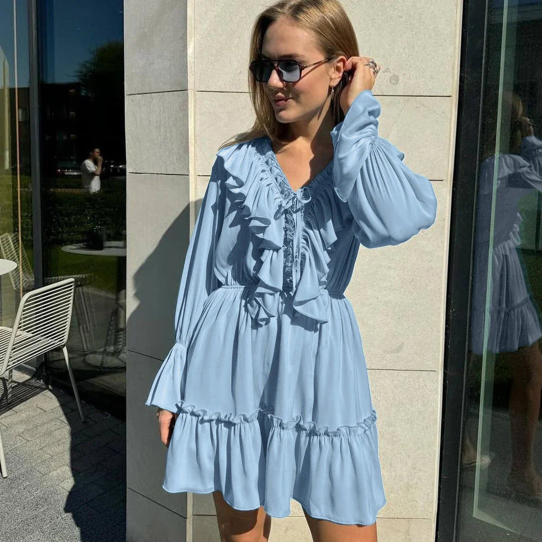 Stylish Y2K-inspired dress with pleated ruffles, flared sleeves, and a variety of vibrant color options