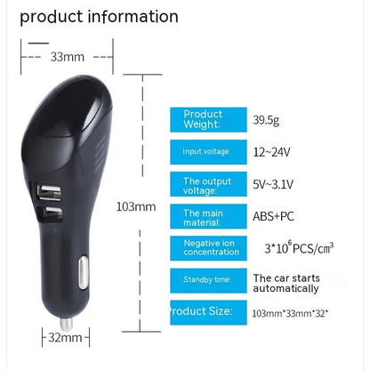 White car USB charger with integrated negative ion air purifier showing dimensions and vehicle power connection
