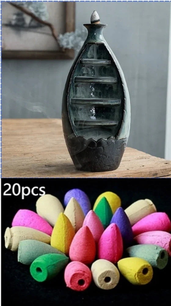 Wood flour indoor incense tower burner, 15cm tall with 8cm base and colour glaze, viewing smoke from 2.5cm cones